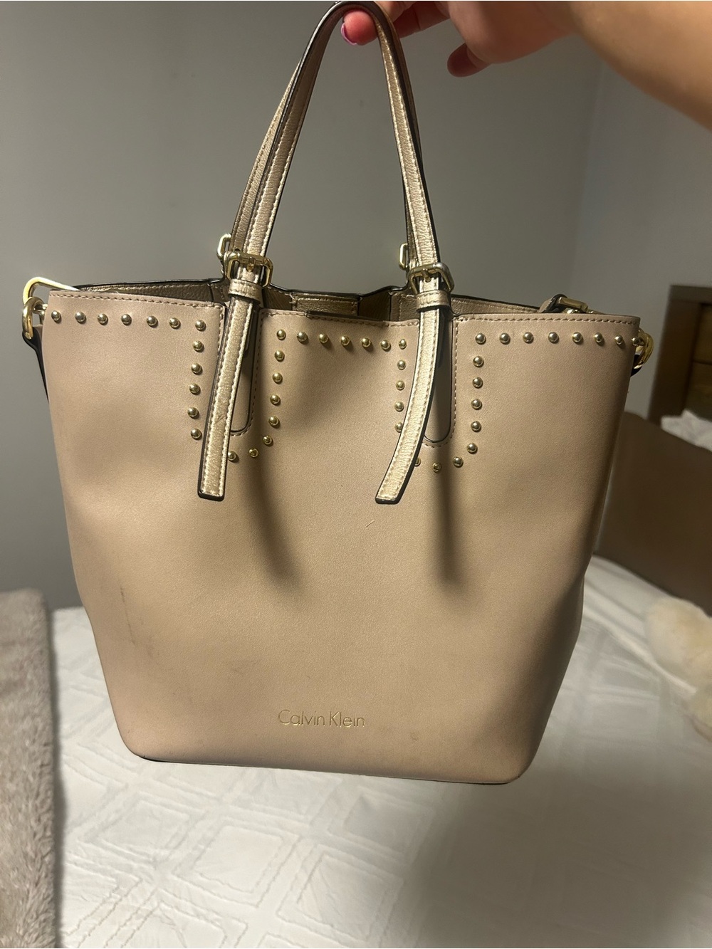 Calvin Klein Nude Beige Tote with Gold Stud Accents